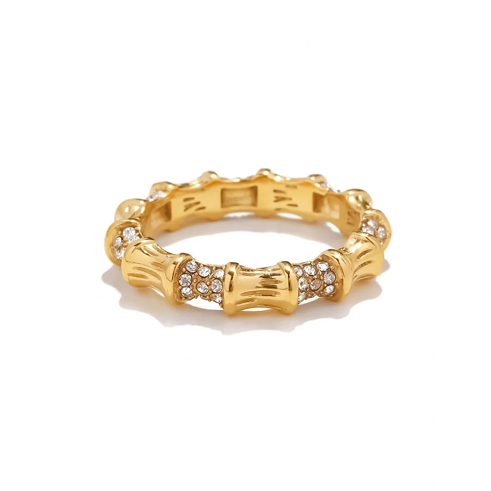 Wholesale 18K Tarnish Gold Plated Stainless Steel Jewelry Dainty Bamboo Uneven Design Fashion Diamond Rings for Women Jewelry