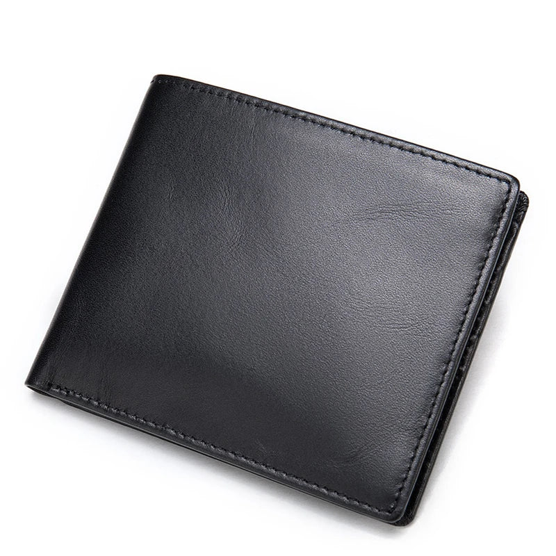 Men's RFID Blocking Multi Card Holder Wallet Top Grain Soft Cow Leather Short Length with Open Closure Black Polyester Lining