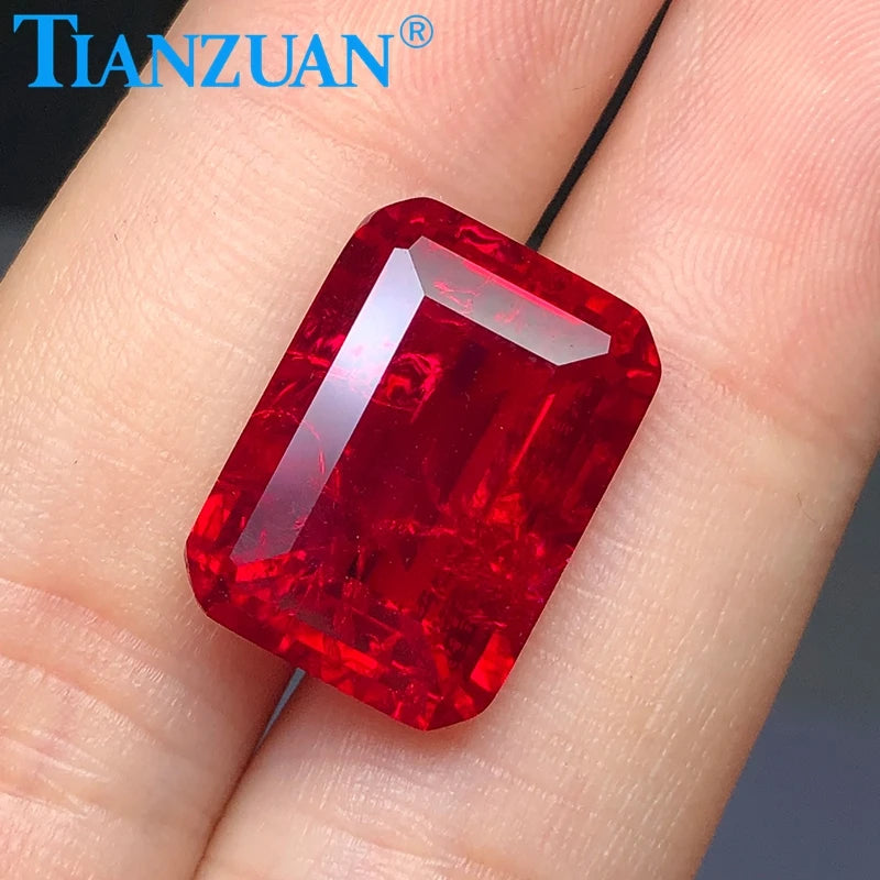 Rectangle Octagon Shape Emerald Cut Lab Grown Red Color Ruby Including Minor Cracks and Inclusions Lose Gem Stone with AGL