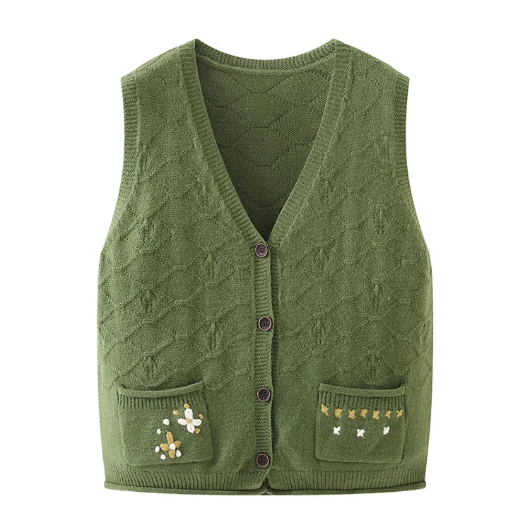 OEM ODM Customized Women Casual Sleeveless V Neck Pullover With Pockets Buttons Wool Cotton Blend Vest Knit Sweater