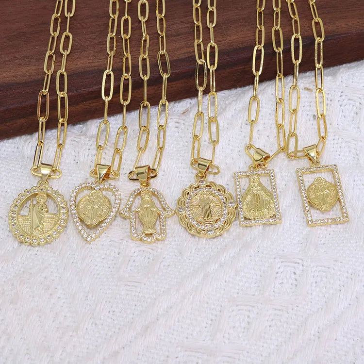NZ1431 18k Gold CZ Micro Pave Virgin Mary Saint Benedict Saint Jude Medal Pendant Paperclip Chain Christian Jewelry Necklace