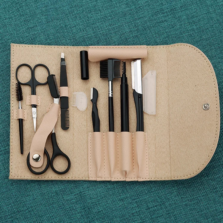 High Quality 8pcs Stainless Steel Scissors Pencil Stencil Set Eyebrow Grooming Trimmer Razor Tweezers Kit Slanted Blade Comb