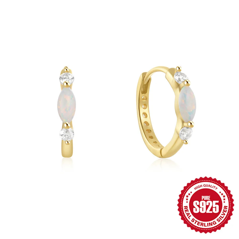 Factory Direct Sales Dainty Minimalist White Opal Huggie Hoop Sterling Silver Gemstone Earrings