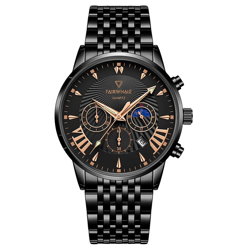 New Good Quality Wrist Stainless Steel Watch Men  Calendar Moon Phase Watch Business Quartz Watches