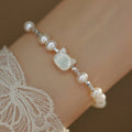Freshwater Natural Pearl Cute Cats Bracelet Fashion Silver Beads Natural Shell White Color Pearl Chain Bracelet for Women