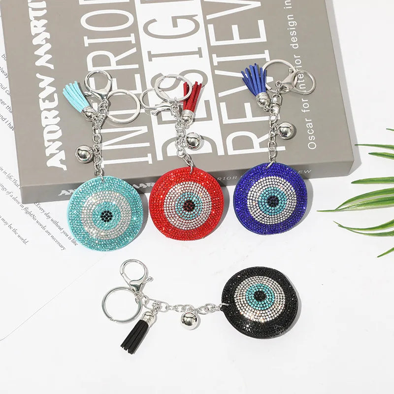 Creative Leather Evil Eye Key Chain Bling Fashion Tassel Keychain Woman Car Bag Pendant Rhinestone Key Chain