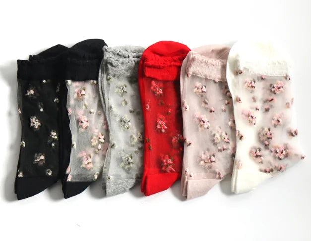 New Women Mesh Decorative Flower Pattern Lace Stockings Mesh Socks
