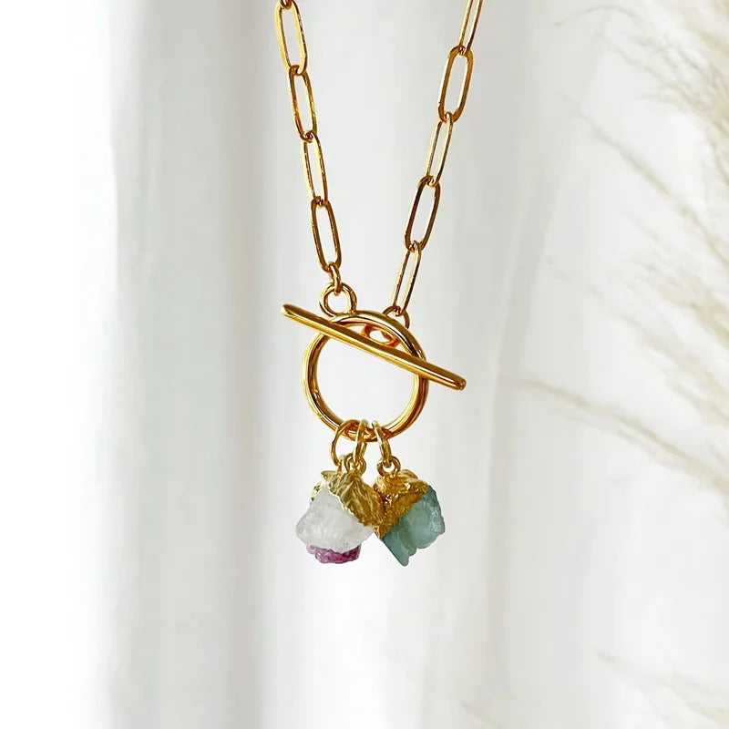 Raw Gemstone Rough Crystal Birthstone Charms Pendant Paper Clip Chain Necklace Birthstone Family Gemstone Necklace