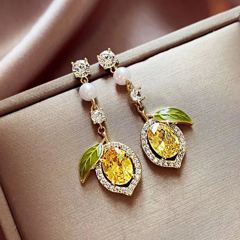 2025 Fine Jewelry New Vintage Korean Personality Exaggerated Lemon Diamond Earrings Earring for Women