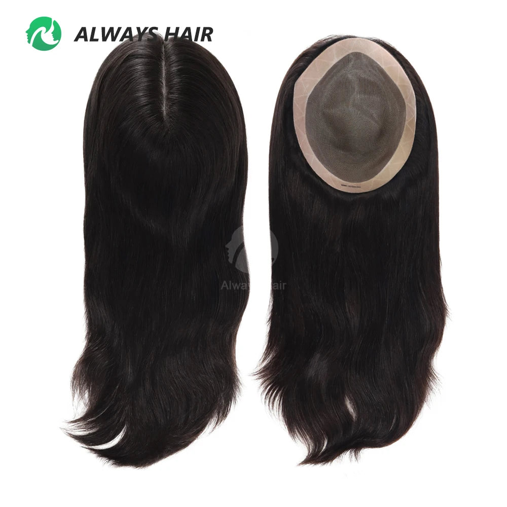 TP67- 16" Brazilian Human Hair Natural Straight 38MM Fine Mono Hair Topper Women 8x10 130% Density Medium Toupee for Woman
