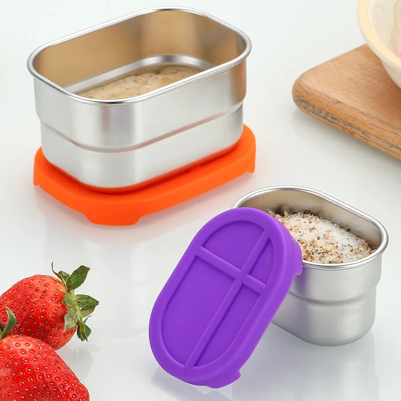 304 Stainless Steel Fresh Keeping Box Food Container Leakproof Kids Snack Storage Box Dipping Sauce Cup With Silicone Lid