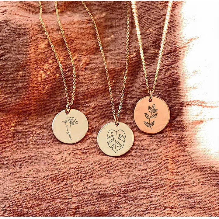 Stainless Steel Custom Plants 15MM Disc Pendant  Engraved Leaf Cactus Pine Sunflower Birth Flowers Coin Pendant Necklace