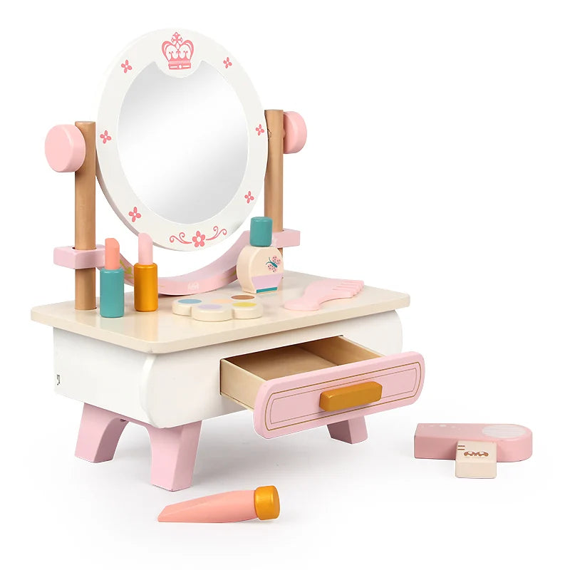 Fashion Princess Girls Children's Pretend Makeup Set Pretend Play Make up Wooden Dressing Table with Mirror Cosmetic Toys