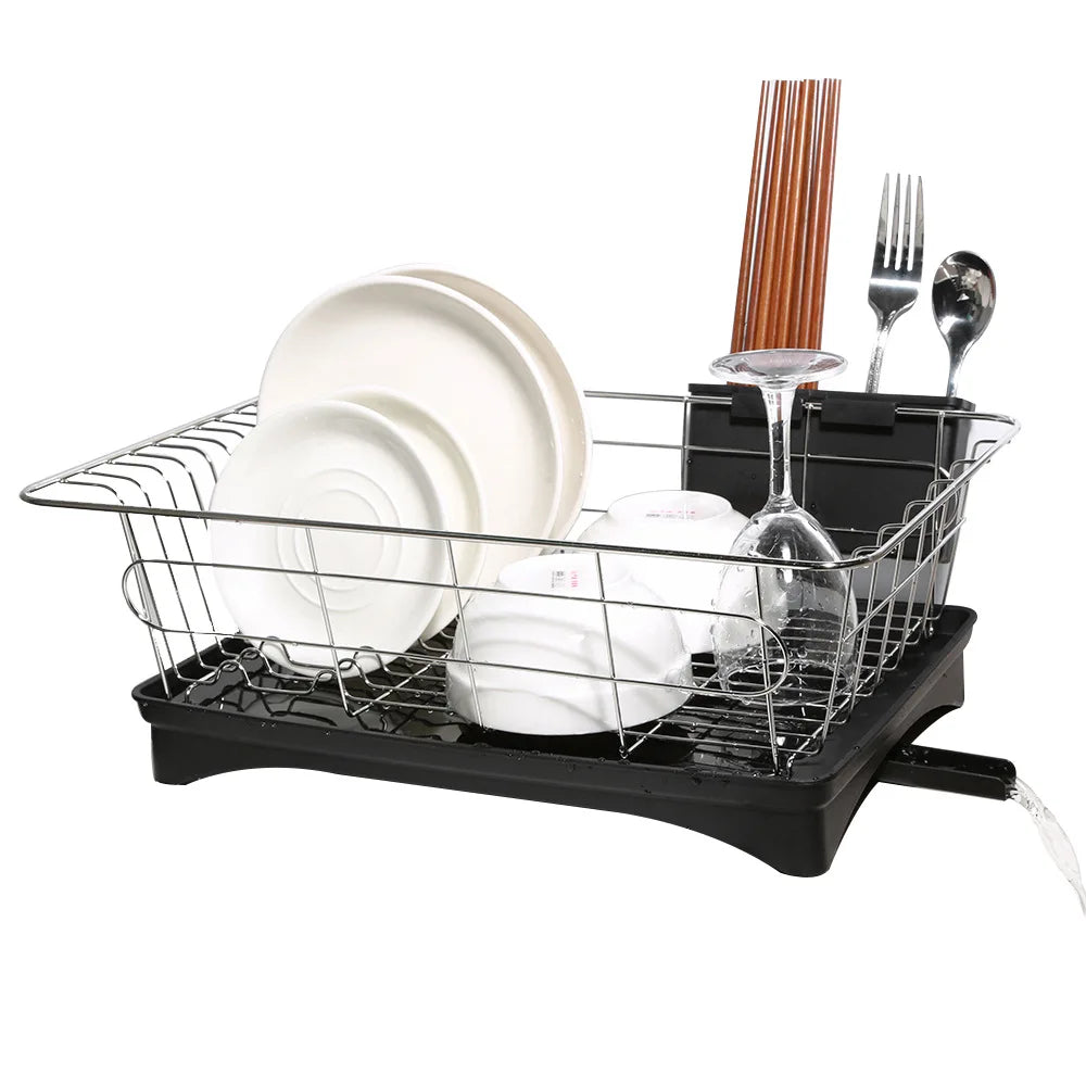Easy Standing Type Installation Stainless Steel Kitchen Drainer Dish Rack with Drainage Utensil Holder Drying Bowl for Counter