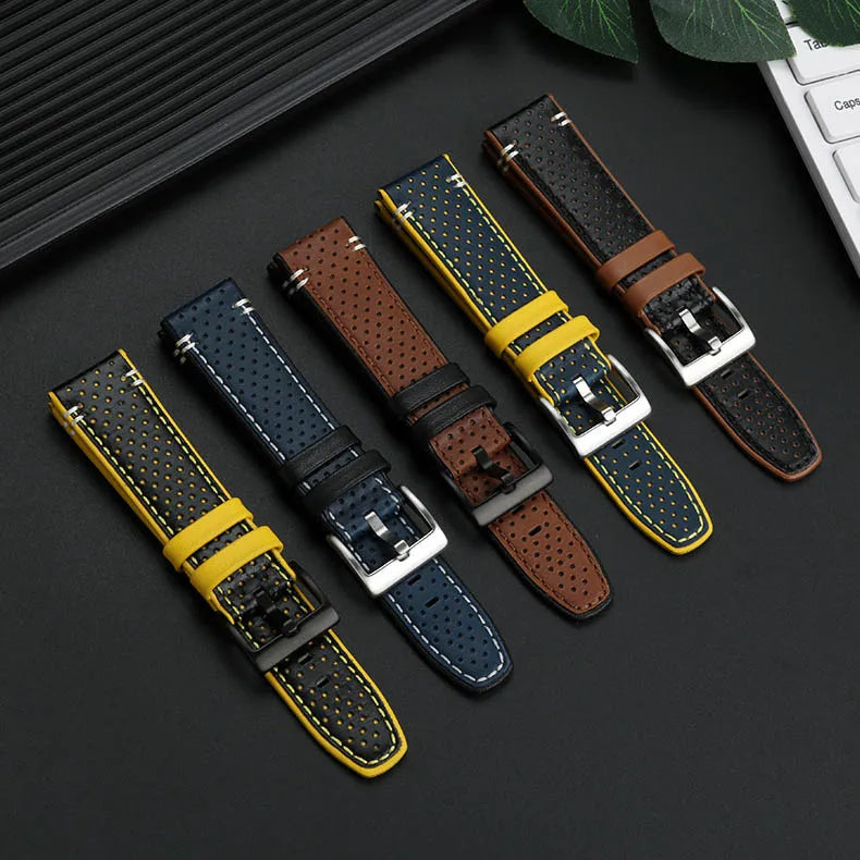 High Grade Vintage Perforated Racing Genuine Leather Watch Strap 22mm Soft Durable Leather Watch Bands with Pin Buckle