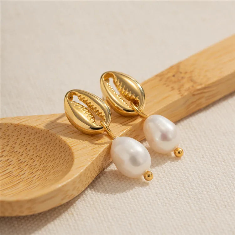 SP Waterproof Tarnish Free Hypoallergenic Stainless Steel 18K Gold Shell Natural Pearl Dangle Earrings