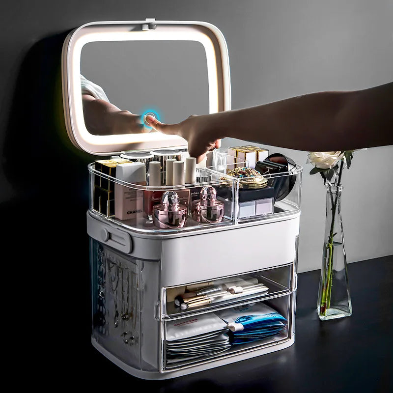 Factory Direct Sales Plastic Multifunction Cosmetic Storage Box  Makeup Organizer Make up case With Light Mirror