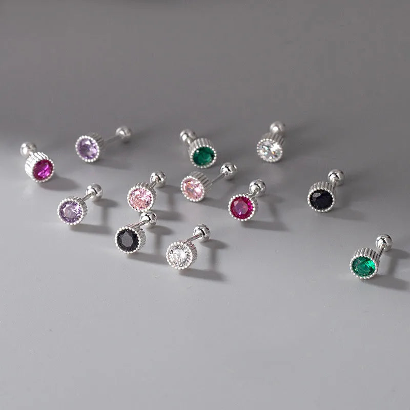 Fashion Simple 999 Sterling Silver Colorful Round Zircon Screw Back Stud Earrings Cz Round Cartilage Earrings for Women