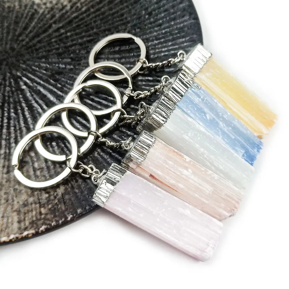 Diy Well-welcomed Irregular rectangular electroplated edging hanging chain of natural raw mineral crystal key ring irregular gypsum crystals wholesale bulk