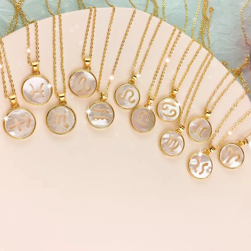 Designer Colliers Pour Femmes Stainless Steel 18K Gold Round White Shells Zodiac Sign Pendant Necklaces for Women Jewelry