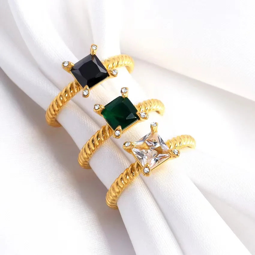 Vintage Clear CZ Zircon Stainless Steel Open Ring 18K Gold Plated for Girls Wedding Wholesale Women Green Black Stone Adjustable