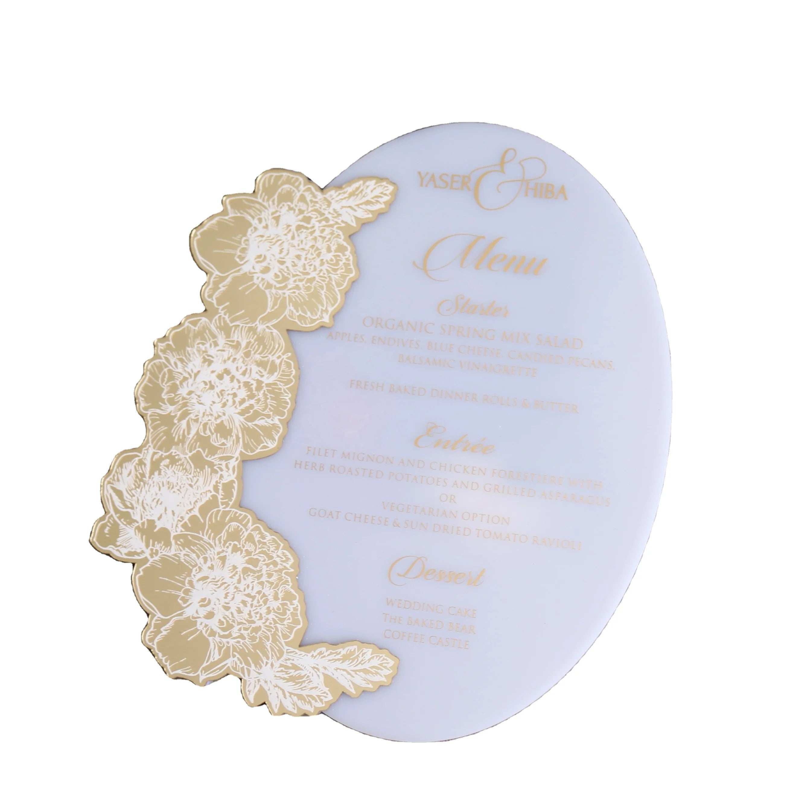 Creative Flower White Ink Printing Gold Mirror and White Acrylic Menu Card for Party Event