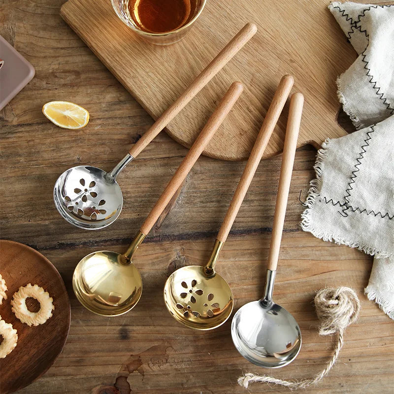 Wooden Handle Anti-hot Stainless Steel Soup Ladle Soup Slotted Spoon Kitchen Hot Pot Spoon