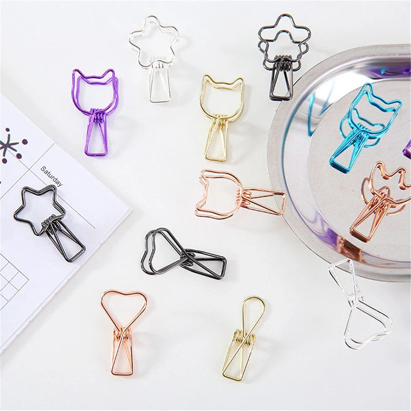 6pcs/set Cute Mini Heart Cat Flower Star Hollowed Out Design Metal Wire Binder Clip Long Tail Clips Office Book Stationery