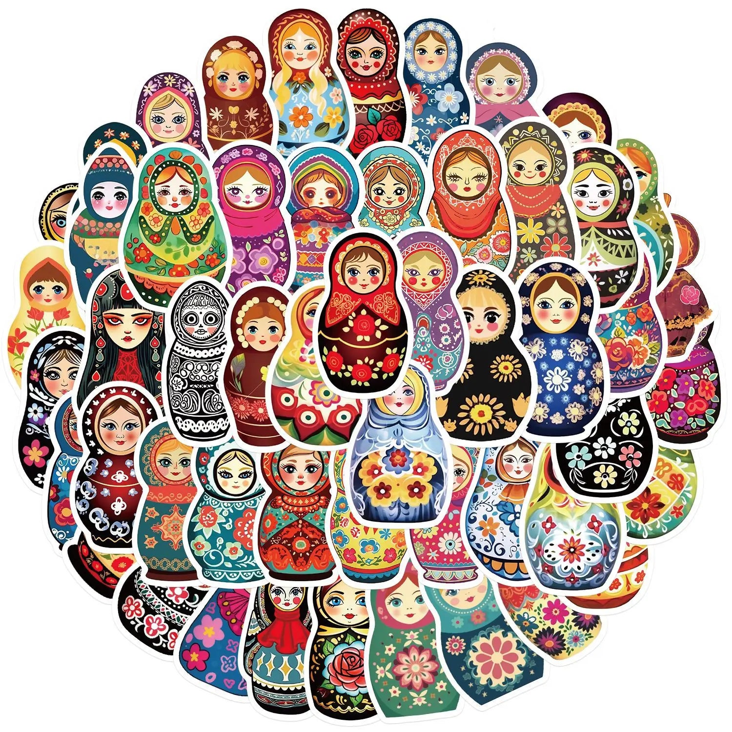50PCS Not Repeat Colorful Funny Traditional Doll Russia Souvenir Decal Russian Matryoshka Sticker