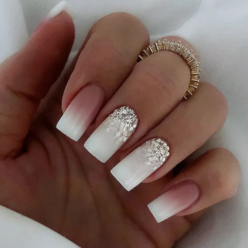 Stocked 24 Pack Long Coffin Gradient White Nude Fake Nail and Packaging Box for 2023 Artificial Fingernails Jelly Press on Nails