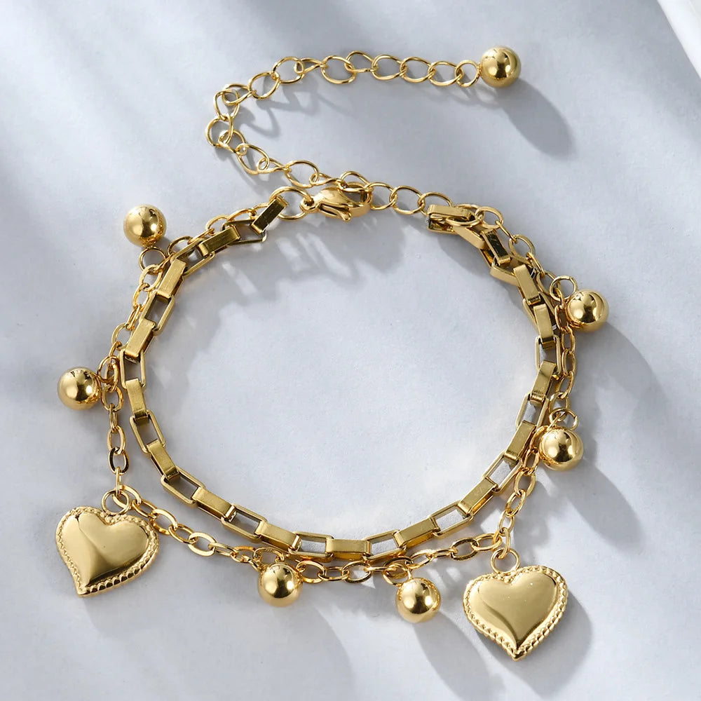 Fashion Gold Plated Stainless Steel Children's Anniversary Bracelets Beaded Tassel Heart Drop Charm