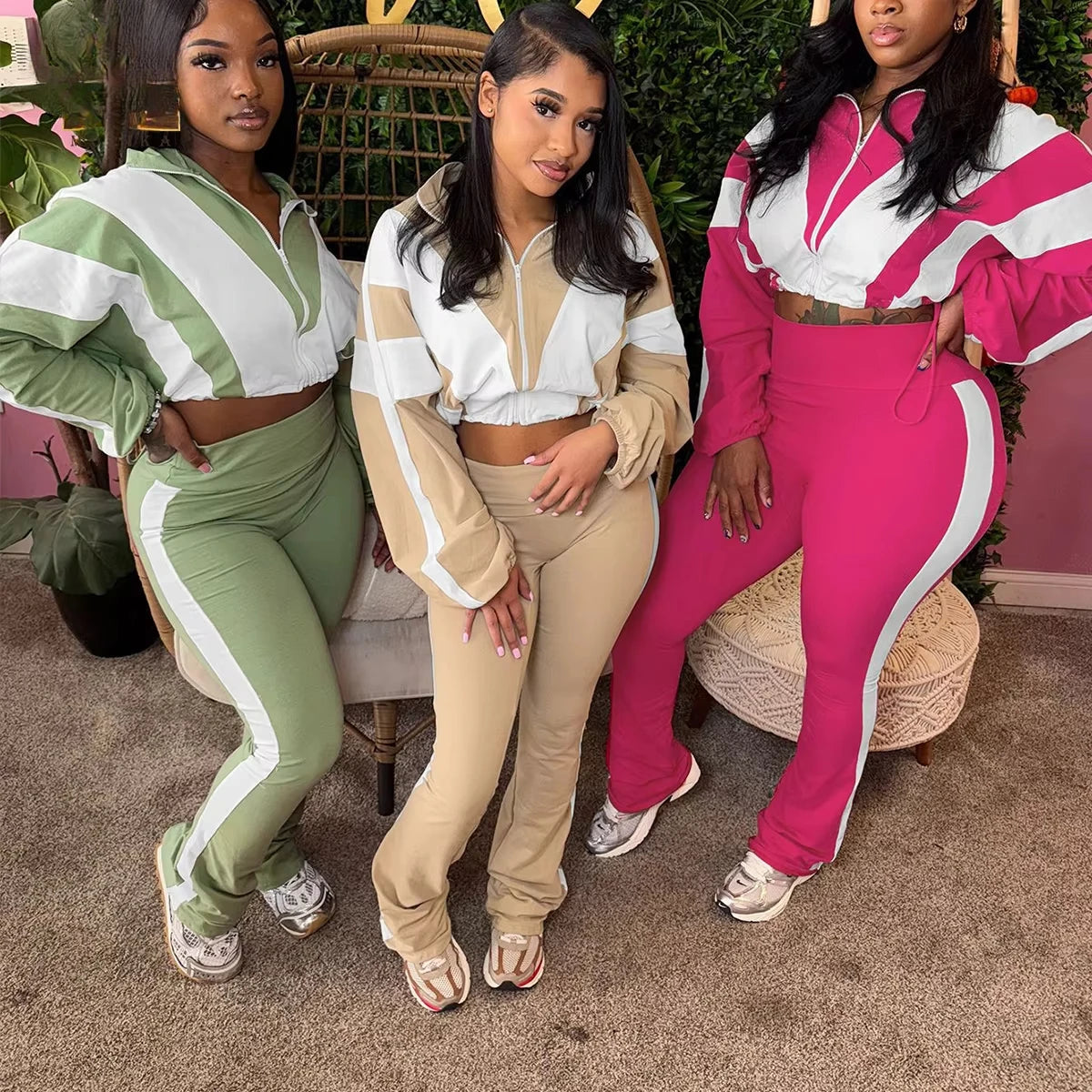 2025Women's Spring Fall Outfits Crop Jackets and Workout Pants 2 Piece Set Female Casual Joggers Pants 2 Piece Set Women Outfits