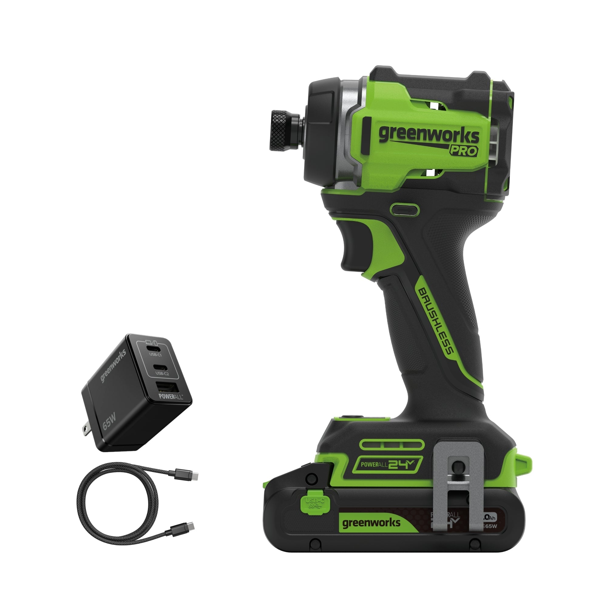24V PowerAll Pro 2,200 In-Lb Impact Driver, with 2.0 Ah USB-C Battery, 65W USB-C Charger Block, 3' 100W USB-C Cable, Belt Clip MegaBDM