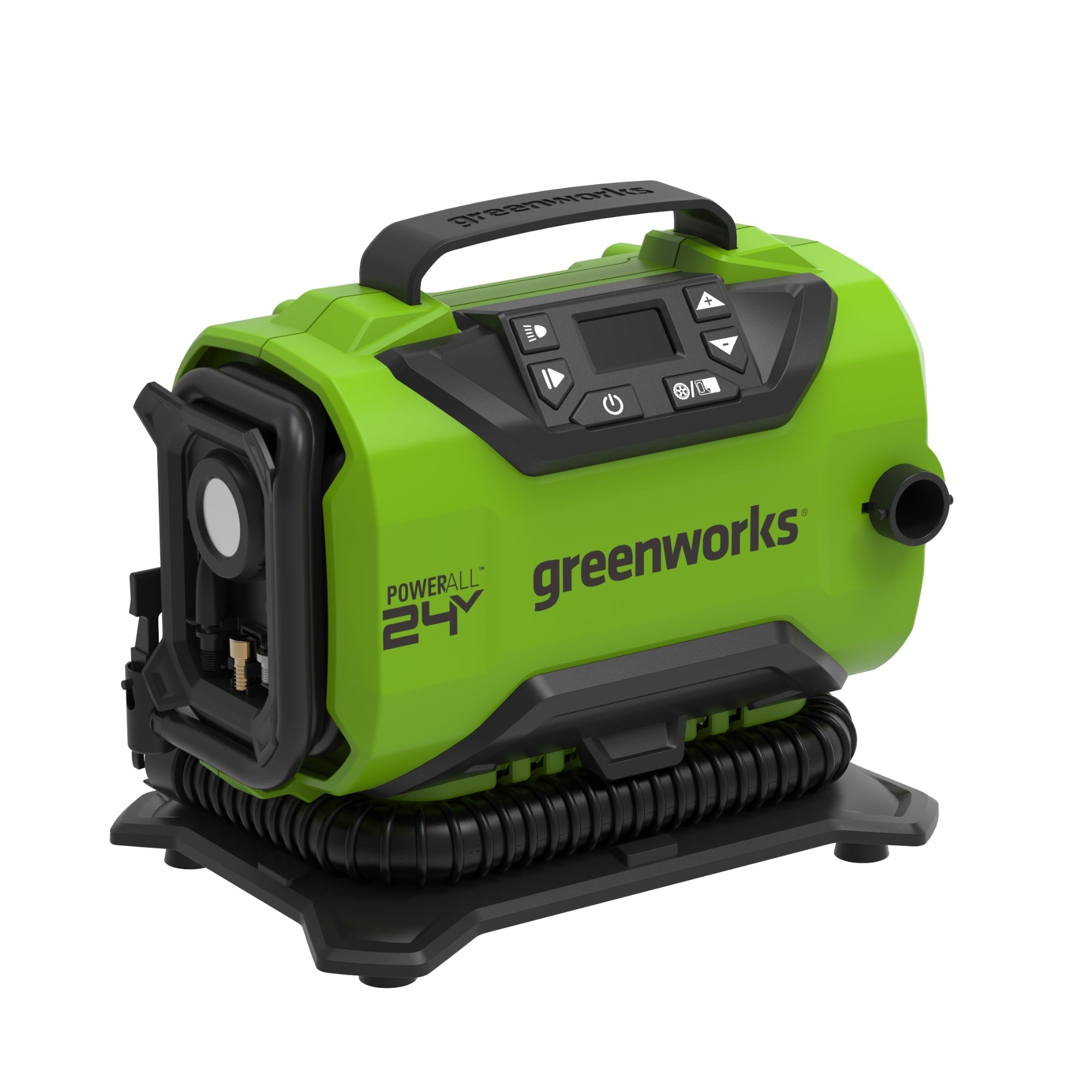 24V PowerAll Dual-Power Inflator/Deflator, with Pinch Valve Adaptor, Sports Ball Needle, Brass Presta Valve Adaptor, and Narrow Pinch Valve Nozzle MegaBDM