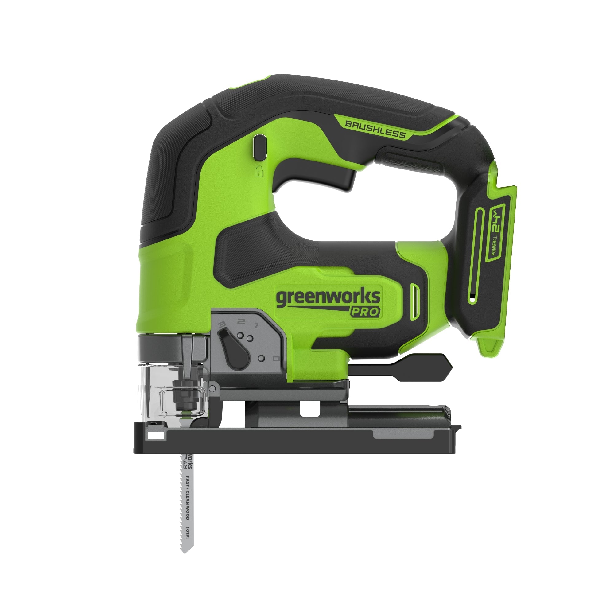 24V PowerAll Pro Jigsaw with Dust Port Adapter, Blade, and VAC Shroud MegaBDM