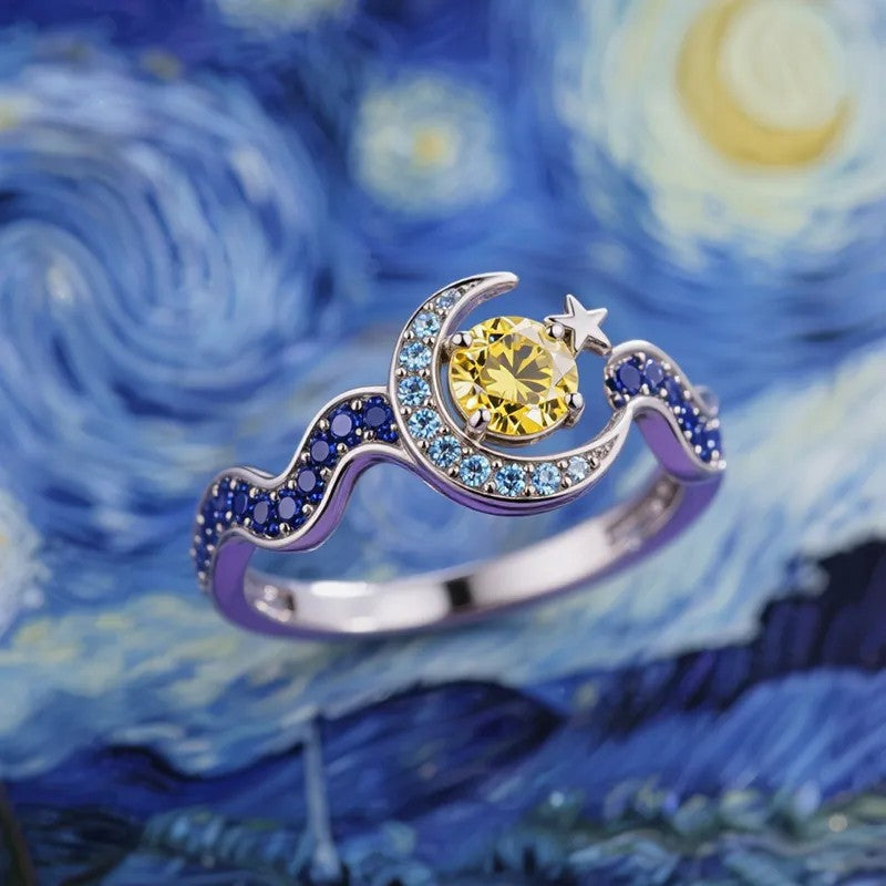 Inlaid Zircon Crescent Tooth Star Moon Creative Water Wave Yellow Ring - White gold color / US Size 6 MegaBDM