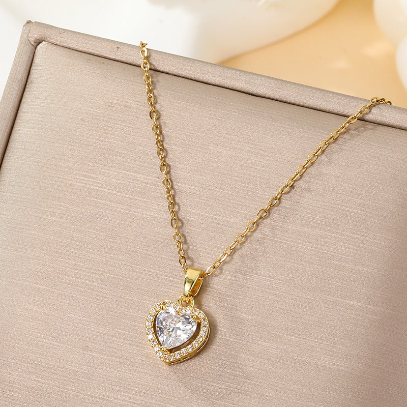 Women's Heart-shaped Zircon Titanium Steel Light Luxury Necklace - 8508-Gold Heart White Zirconium Necklace MegaBDM