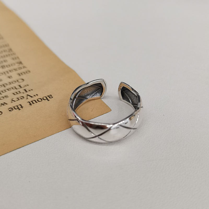 Sier Thick Thin Diamond Plaid Open Female Light Luxury Minority Ring - Diamond Ring-Thai Silver Small / Adjustable Opening MegaBDM