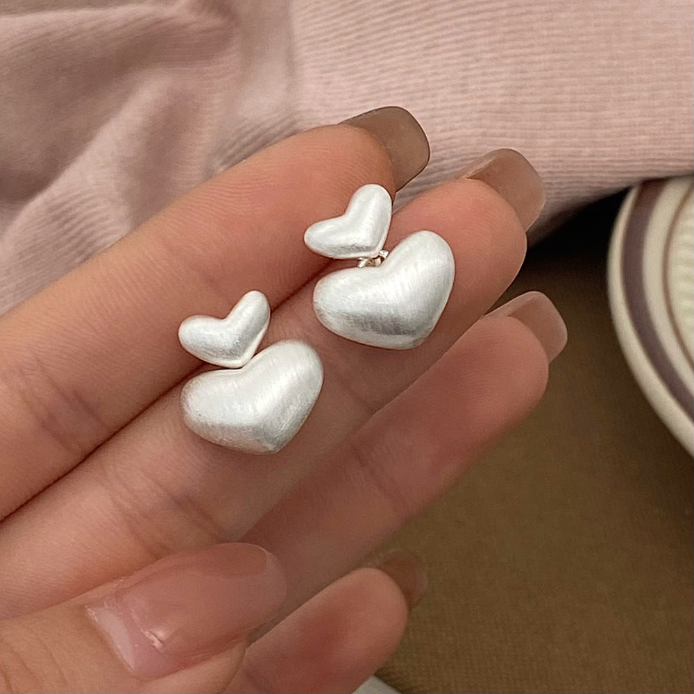 Women's Shot Western Style Fashion Artistic Retro Irregular Earrings - Silver Brushed Love Heart Stud Earrings-A-121 Brushed MegaBDM