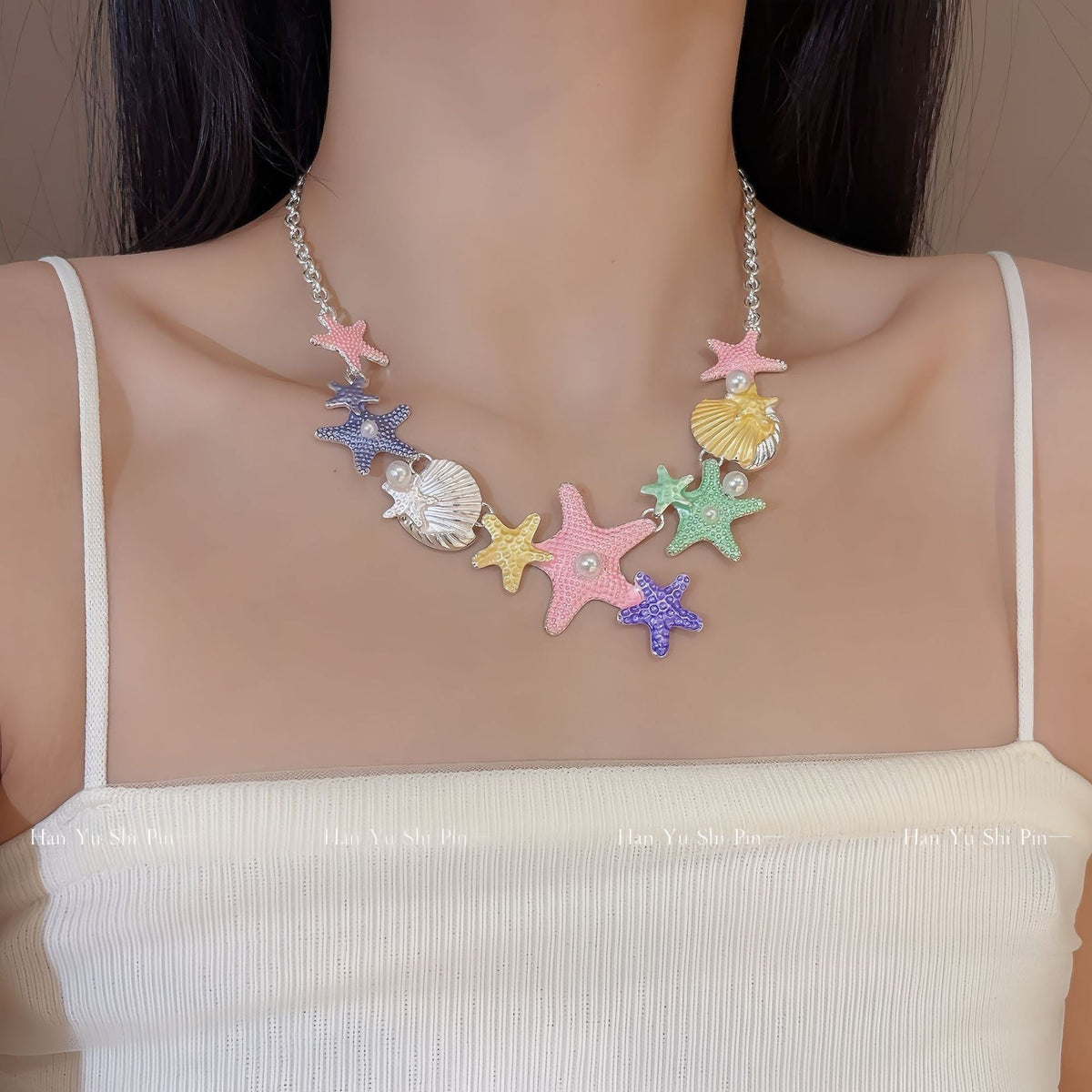 Women's Color Shell Starfish Beaded For Beach Vacation Niche Design Sweet Necklace - Color Starfish Necklace MegaBDM