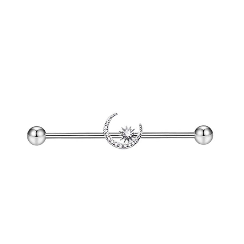 Industrial Barbell Ear External Thread Piercing Bridge Double Stud Earrings - Moon Steel Color MegaBDM