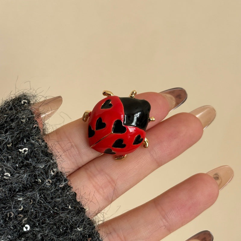 Design Gold Handmade Enamel Glaze Insect Ring - Red and Black Beetle MegaBDM