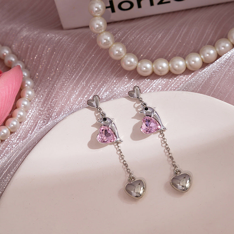 Sier Needle Pink Rabbit Dolphin Love Heart Design Sense Cartoon Earrings MegaBDM