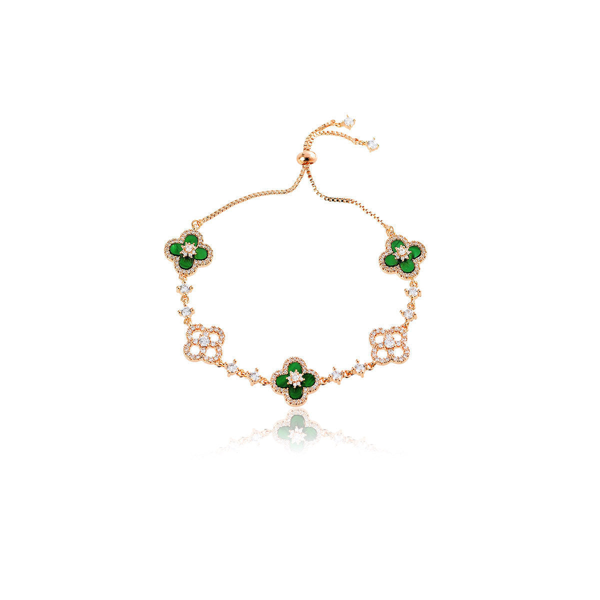Women's Inlaid Zircon Lucky Four-leaf Flower Pink Imitation Fritillary Sier Light Stud Earrings - Copper Inlaid Zirconium Four-Leaf Flower-Bracelet [Green Gold]] MegaBDM