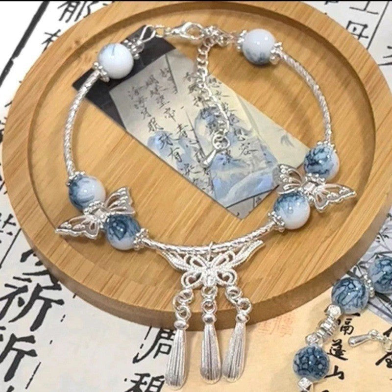 Cherry Blossom Glaze Female Design High Sense Bracelet - S439 Blue and White Porcelain Tassel Butterfly Bracelet MegaBDM