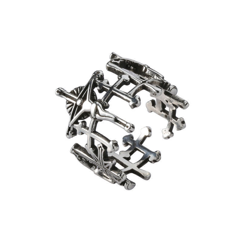 Women's & Men's Punk Heavy Wide Face Abstract Art Open Distressed Street Tide Ring - Cross Redemption 8 / Adjustable Opening MegaBDM