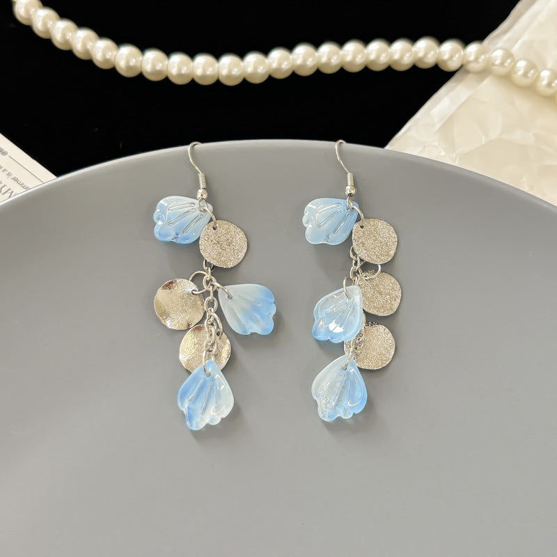 Needle Seaside Fairy Pearl Artificial Flower Tassel Female Stud Earrings - Gradient Blue, Fishtail Ear Hook MegaBDM