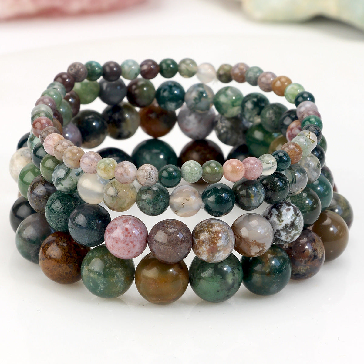 Women's & Men's Handmade Natural Stone Beaded For Twin Tourmaline Bracelet - Indian Agate / 4 Pieces a Set MegaBDM