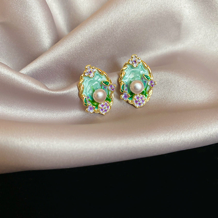 Retro Green Oil Painting Ancient Style Flower Light Luxury Palace Stud Earrings - ES-058 MegaBDM