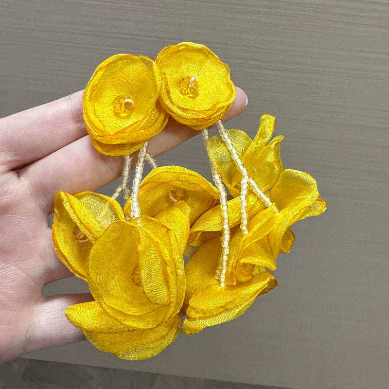 Super Fairy Mori Style Atmosphere Simple Earrings - Super Fairy Yellow Tulle Flower Temperament Ear Studs MegaBDM